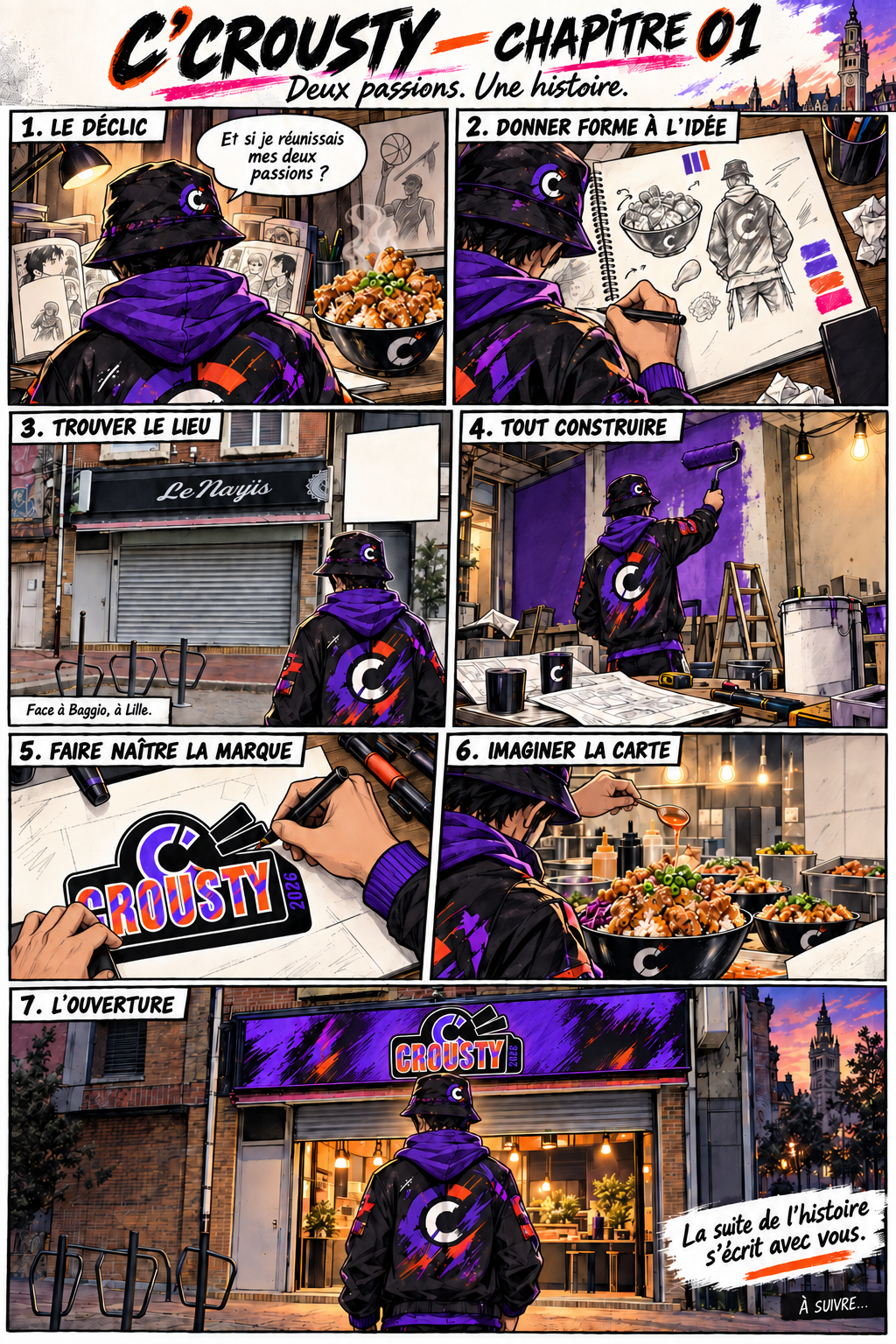 L’histoire de C’Crousty en sept scènes : le déclic, la réflexion, le local face à Baggio à Lille, les travaux, la marque, la carte et l’ouverture. La mascotte accompagne chaque étape.